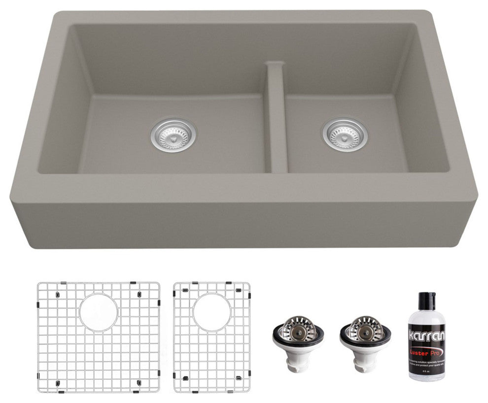Karran Retrofit Farmhouse Quartz 34" Double Offset Bowl Sink Kit, Concrete