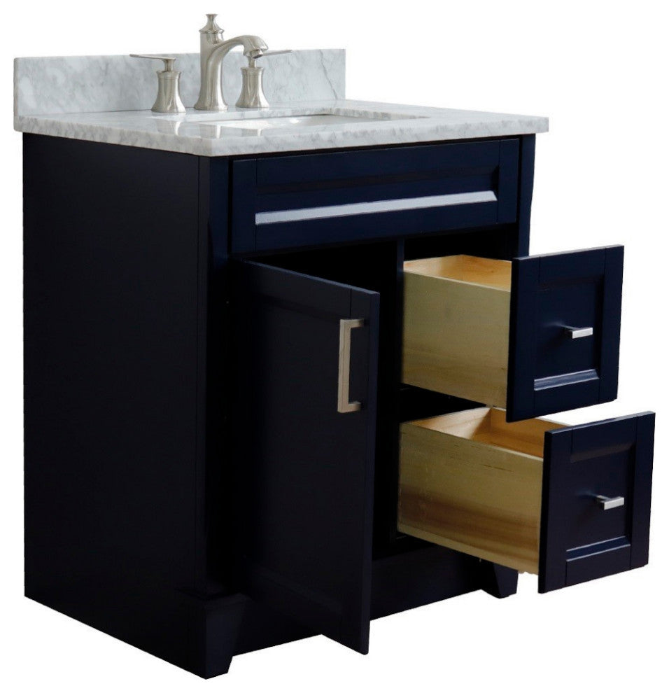31" Single Sink Vanity, Blue Finish With White Carrara Marble