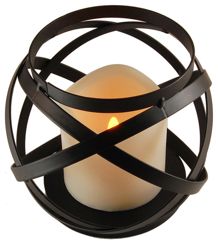Metal Lantern, Warm Black Banded Design With Battery Operated Candle