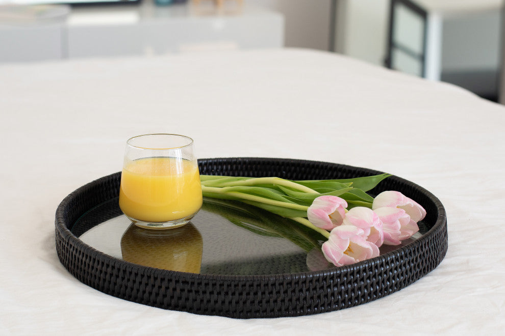 Artifacts Rattan™ Round Serving-Ottoman Tray with Glass Insert, Tudor Black, 19" Diameter
