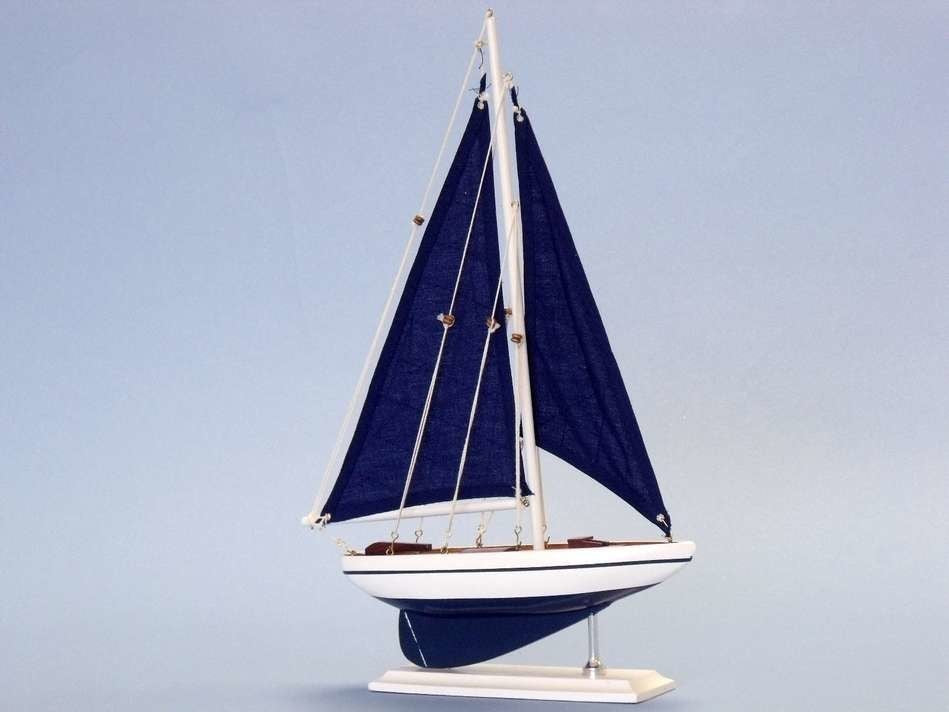 Pacific Sailer, Wood Sailing Boat Model, Blue Sails, 17", Blue