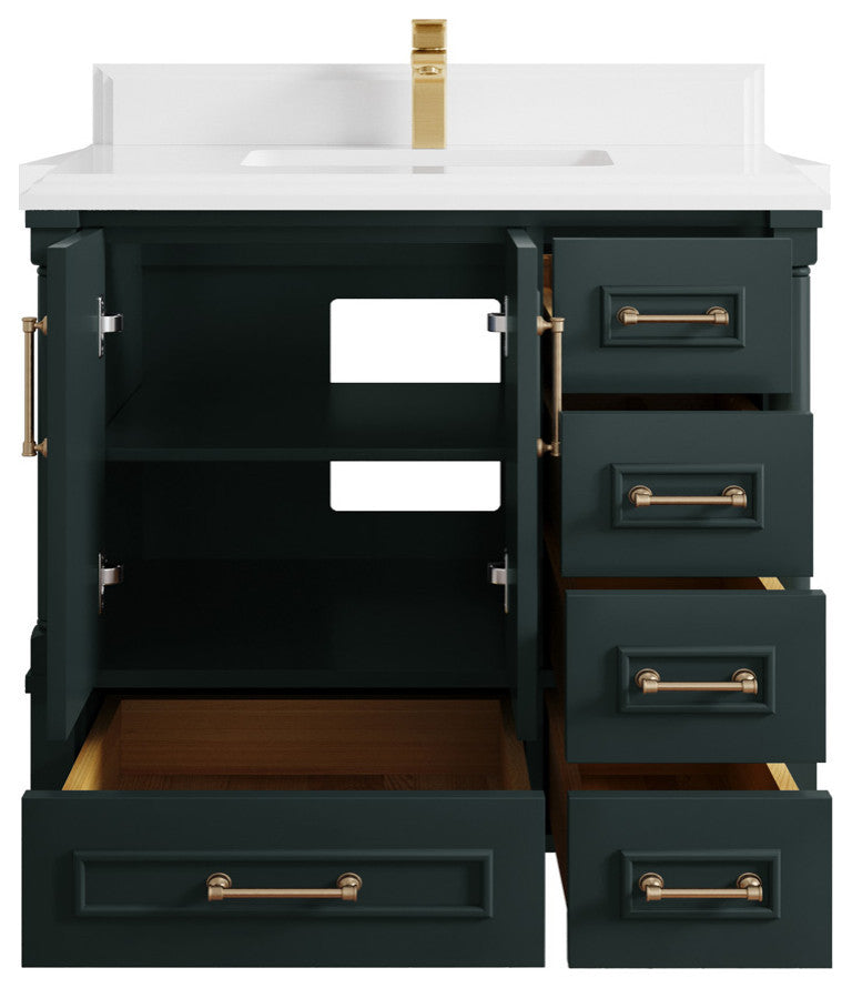 Aberdeen 36 Center Sink Bath Vanity in Dark Forest Green 1.5" White Quartz