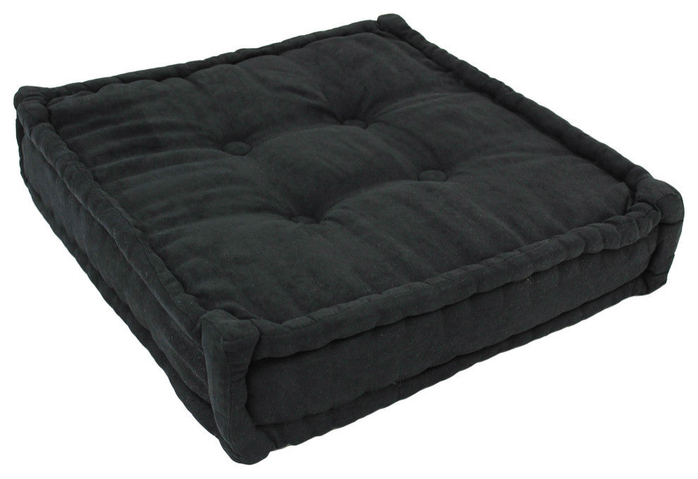 20" Square Corded Floor Pillow With Button Tufts, Black