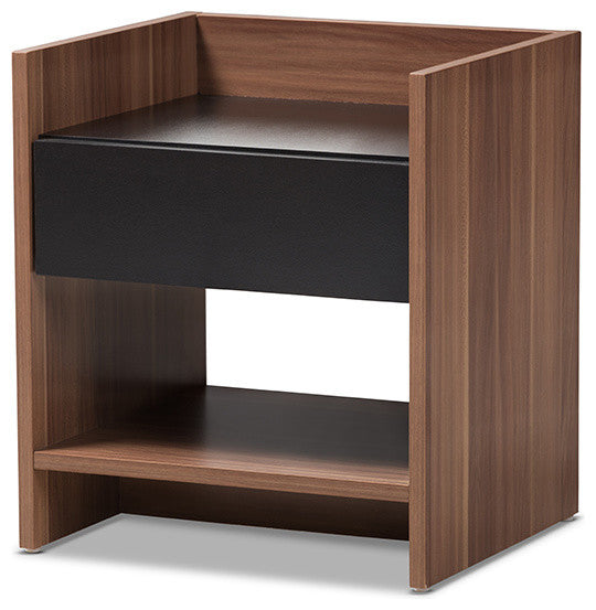 Vanda Modern Two-Tone Walnut and Black Wood 1-Drawer Nightstand