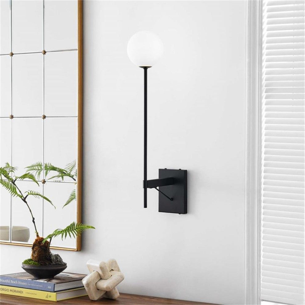 Modway Riva Metal Wall Sconce with Opal White Glass in Black