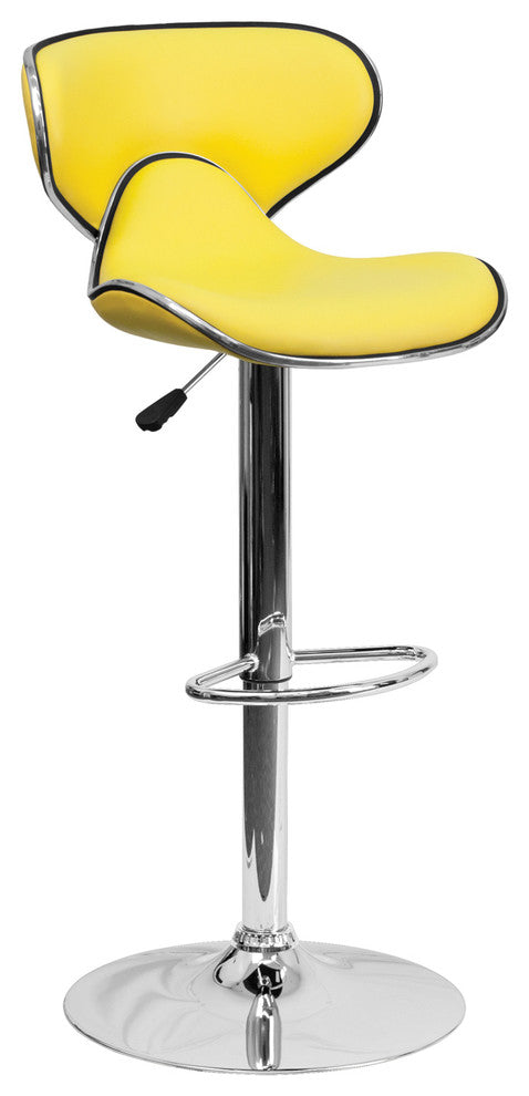 Contemporary Cozy Mid-Back Yellow Vinyl Adjustable Barstool With Chrome Base