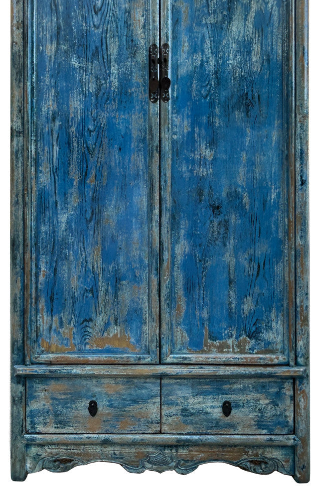Distressed Bright Blue Tall Oriental Noodle Cabinet Storage Armoire Hws4322