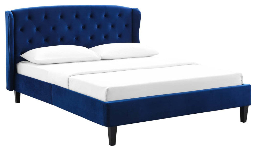 Penelope Tufted Wingback Queen Performance Velvet Platform Bed-Navy