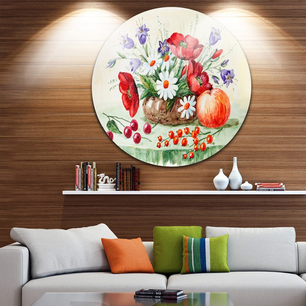Colorful Bunch Of Flowers And Fruits, Floral Disc Metal Artwork, 11"