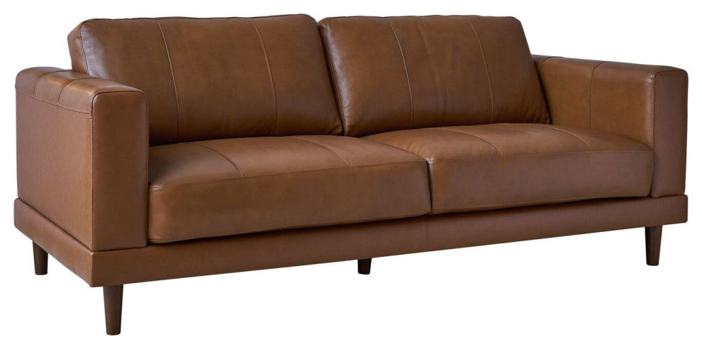 Modern Sofa, Tapered Legs & Cushioned Genuine Leather Seat With Track Arms, Tan