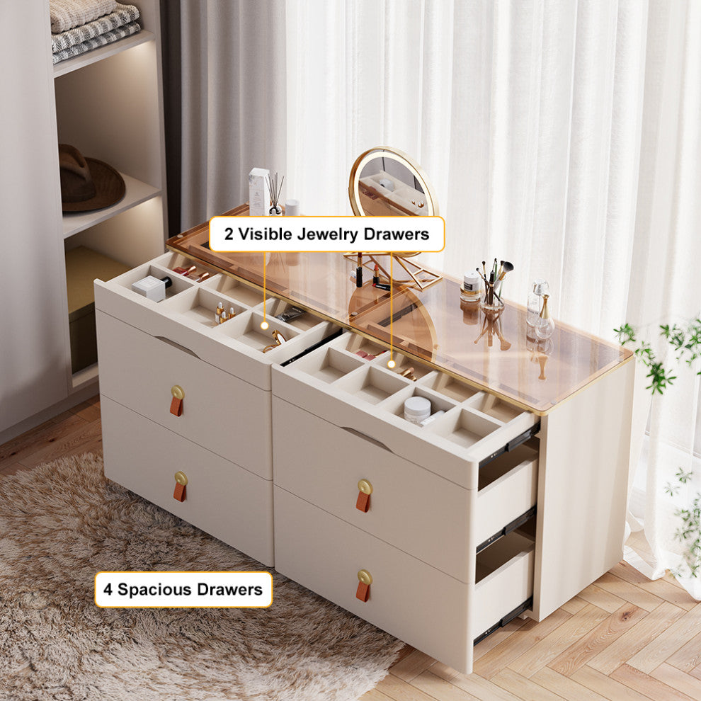 47"W Glass Champagne Dresser 6 Drawer Closet Island With Jewelry Storage