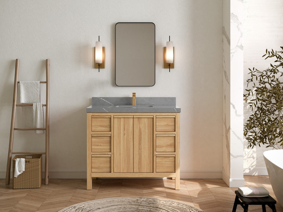 Elizabeth 42 Single Sink Bath Vanity in Light Natural Teak 2" Piatra Gray