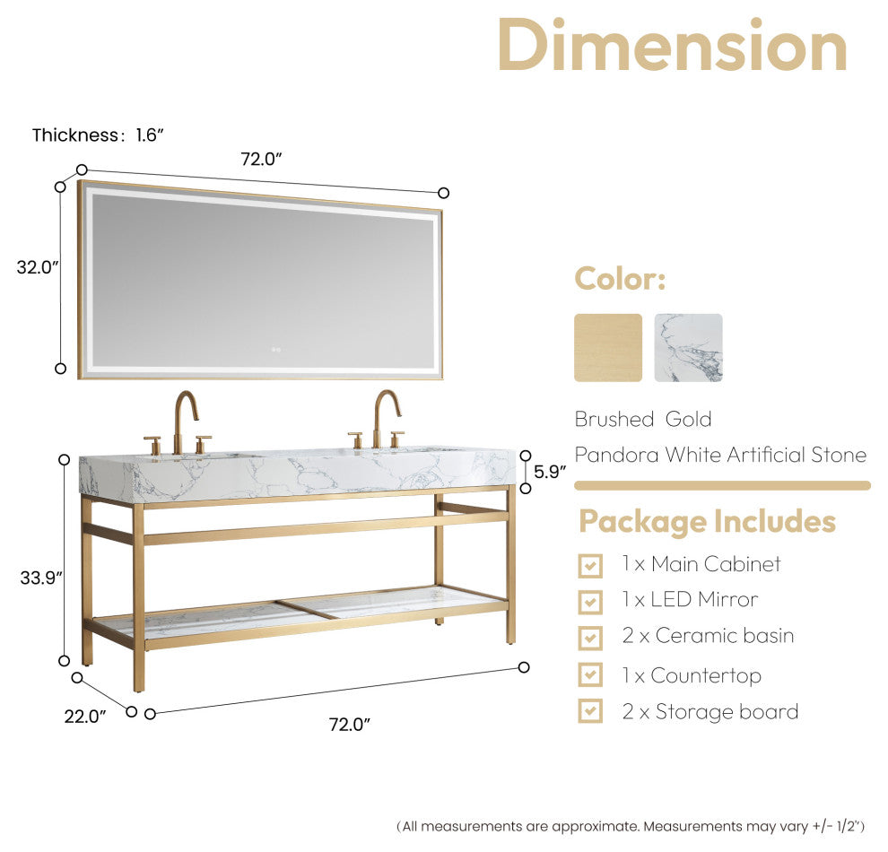 Ecija Bath Vanity, Metal Support with Stone Top, Brushed Gold, 72 in., With Mirror