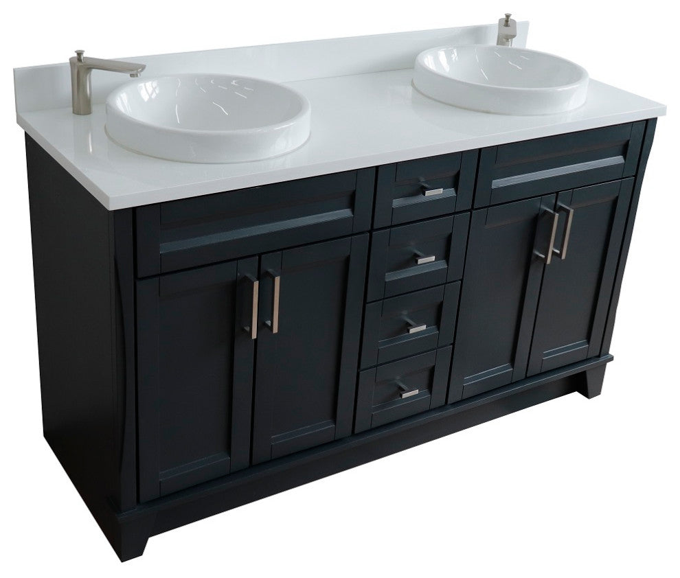 61" Double Sink Vanity, Dark Gray Finish And Engineered Stone Top And Round Sink