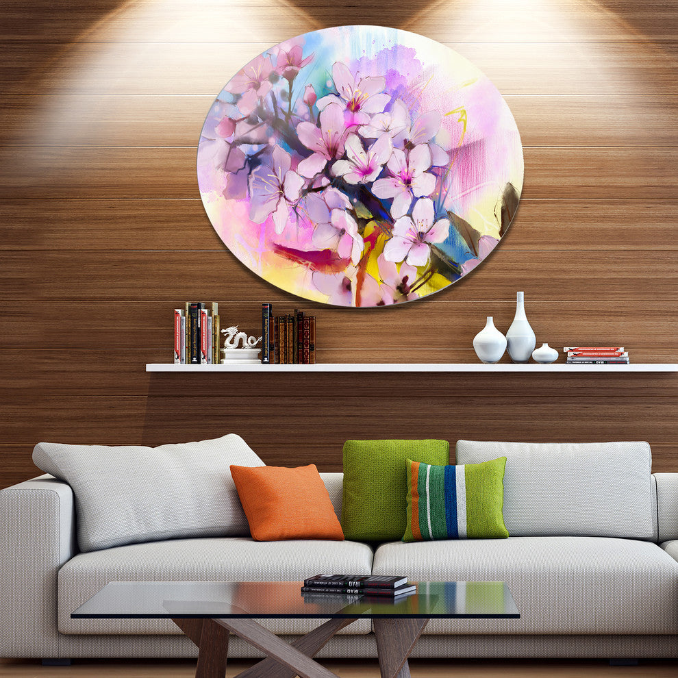 Japanese Cherry Blossoms Watercolor, Flower Round Metal Wall Art, 23"