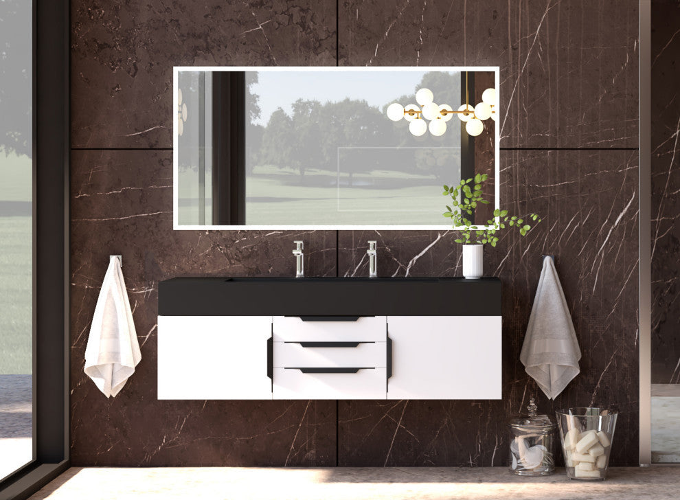CastelloUSA Alpine 60" Wall Mounted Vanity, Base Only, White, Black Handles