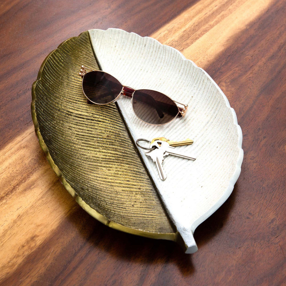 14in. Gold and White Leaf Decorative Accent Tray