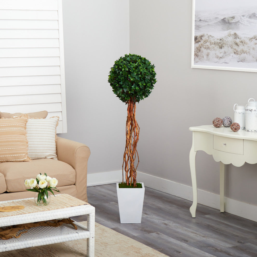 62" English Ivy Single Ball Faux Topiary Tree, Metal Planter Indoor/Outdoor