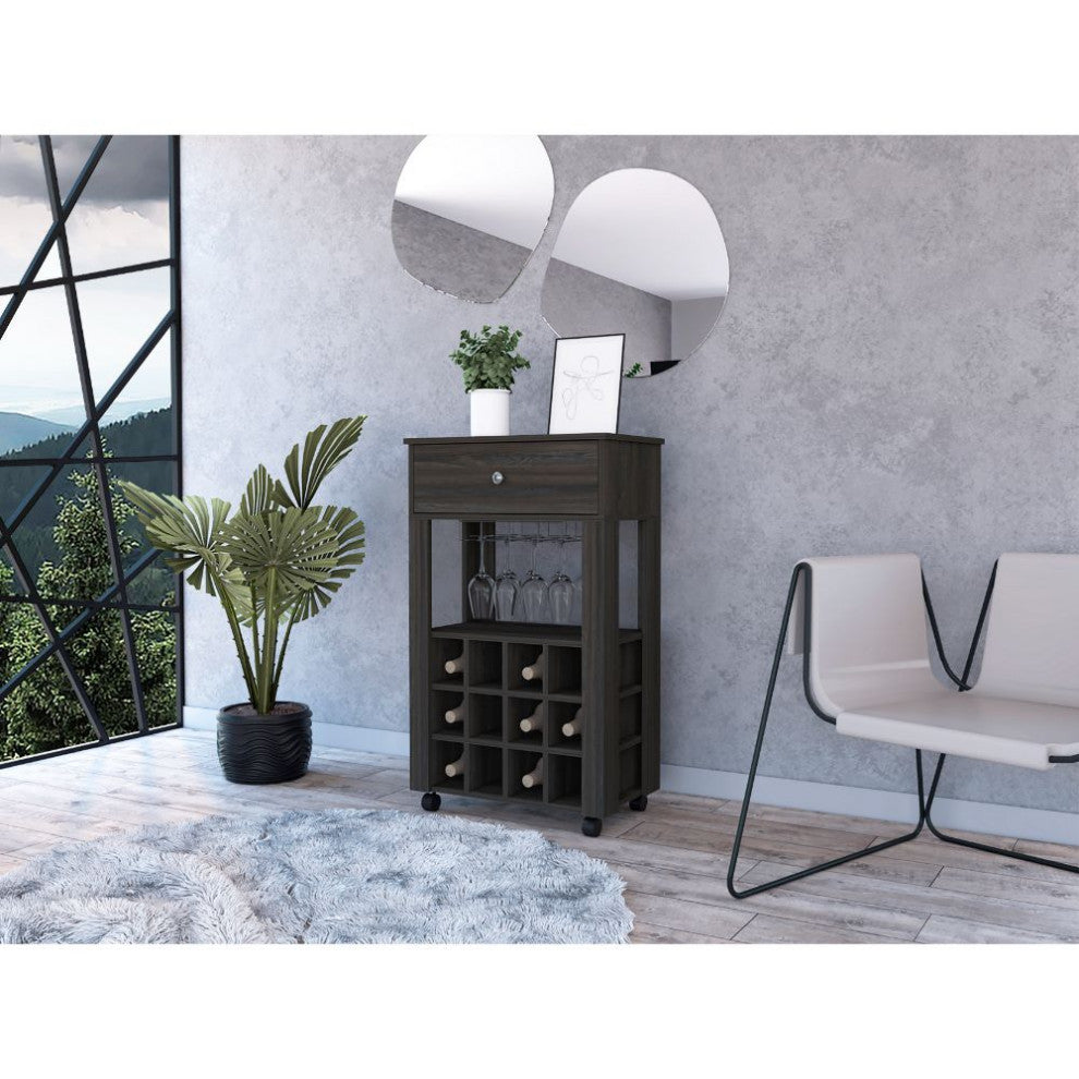 Ace Bar Cart with 12 Wine Cubbies, 4 Legs, and Open Shelf, Carbon Espresso