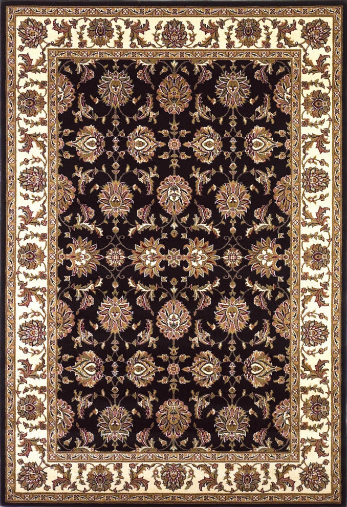 HomeRoots 7' Octagon Black or Ivory Floral Vines Bordered Indoor Area Rug