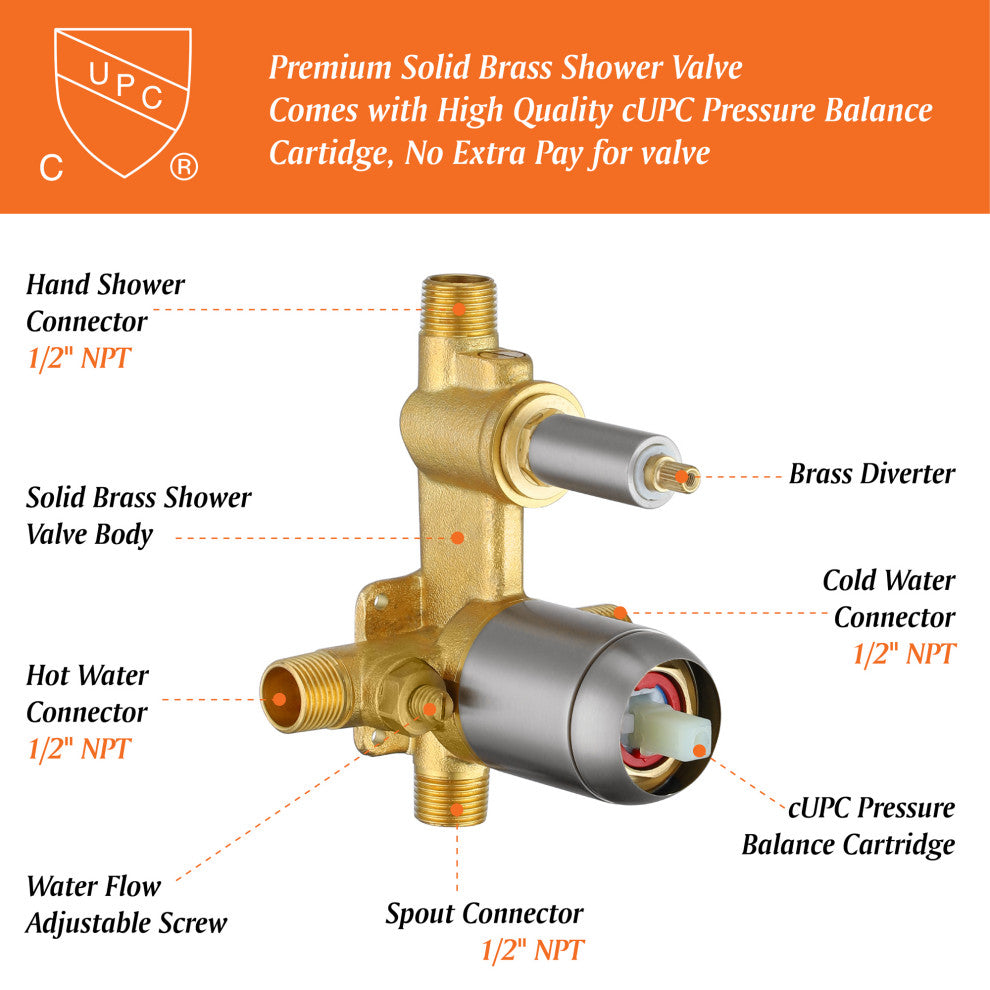 Wellfor Shower Faucet Set, Waterfall Tub Spout and Hand Shower, Brushed Nickel