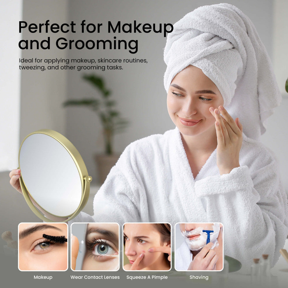 Circular Free Standing Magnifying Make Up Mirror, Brushed Gold