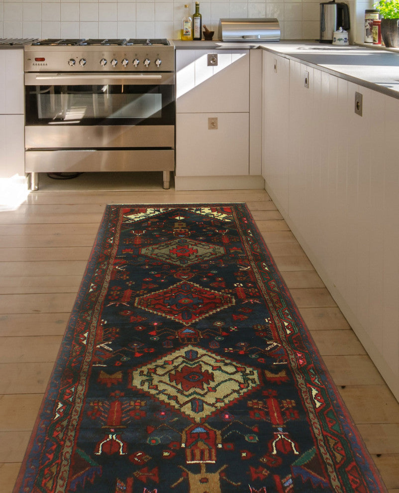 Fine Vintage Distressed Leandro Navy/Burgundy Runner, 3'4x10'2