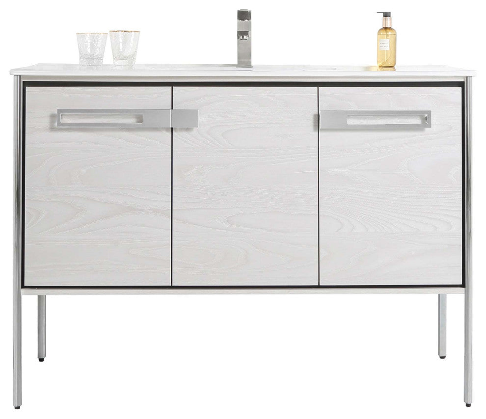 Oakville Bath Vanity, Ceramic Sink, Mild Grey Oak, 48 Inch, Chrome Hardware