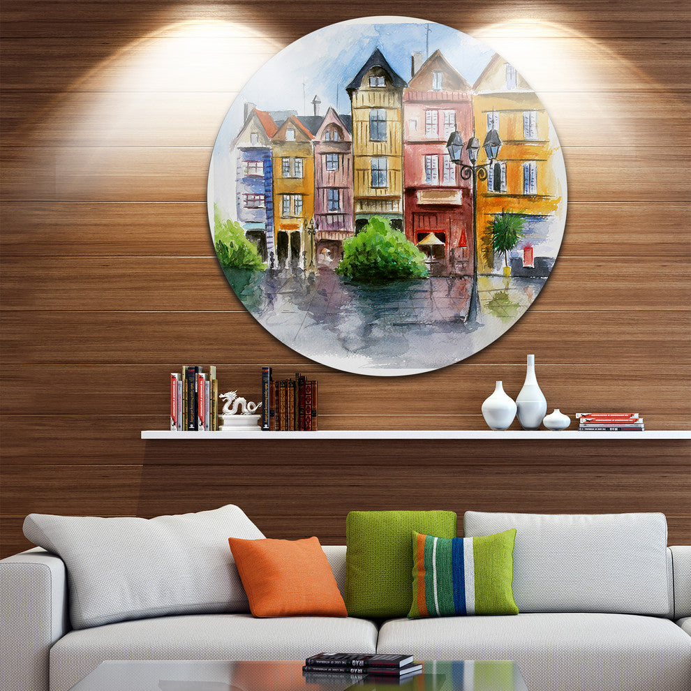 Little City In Watercolor, Landscape Disc Metal Artwork, 23"