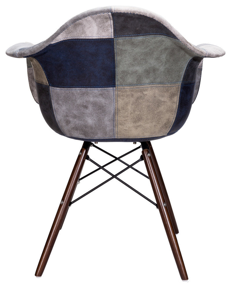 Patch Leatherette Fabric Upholstered DAW Arm Chair, Dark Walnut Leg, Blue/Gray