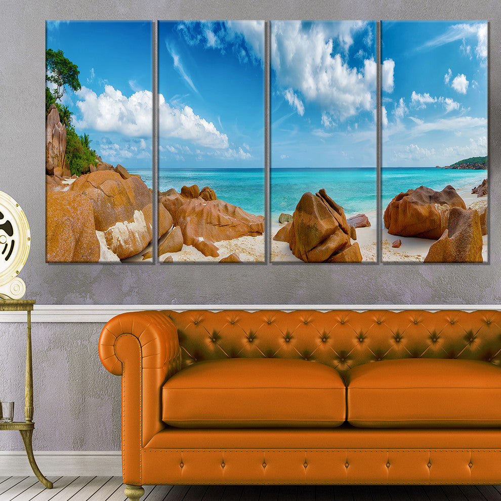 "Rocky Seychelles Island Panorama" Oversized Beach Wall Art, 4 Panels, 48"x28"
