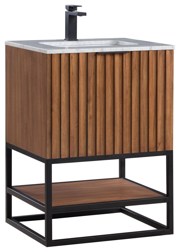 Terra Bathroom Vanity, Walnut/Matte Black With Carrara Marble, 24"