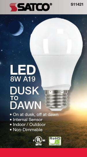 8W, A19 LED, Dusk to Dawn, 2700K, Medium Base, 200 deg. Beam Angle, 120V