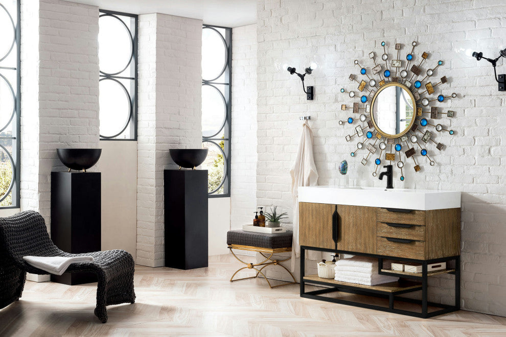 Columbia 48" Single Vanity, Latte Oak, Matte Black, Glossy White Composite Top
