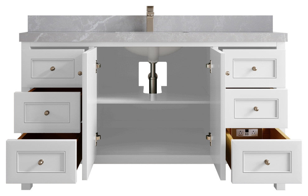 Nashville 60" Single Bathroom Vanity, White 2" Pearl Light Gray