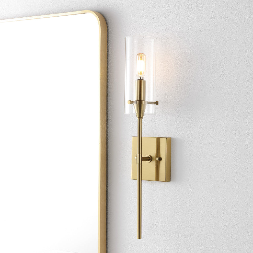 Cato 4.5" 1-Light Bohemian Farmhouse Iron/Glass LED Sconce, Brass Gold/Clear