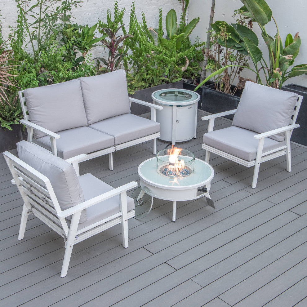 LeisureMod Walbrooke Patio Conversation Set With Fire Pit Table, Light Grey
