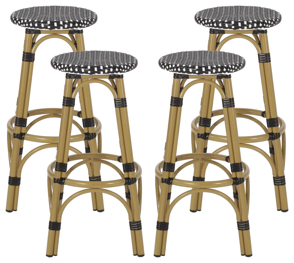 Dohney Outdoor French Aluminum 29.5" Barstools, Set of 4, Black/White/Bamboo Finish