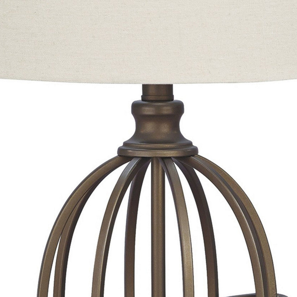 Benzara BM230981 Armillary Metal Base Table Lamp fabric Shade, White/Bronze