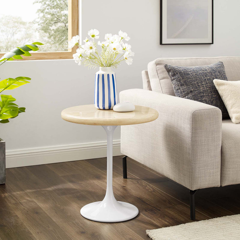 Lippa 20" Round Artificial Travertine Side Table, White Travertine