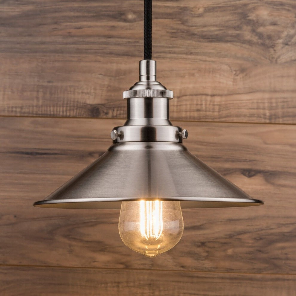 Andante Industrial Factory Pendant With LED Bulb, Brushed Nickel
