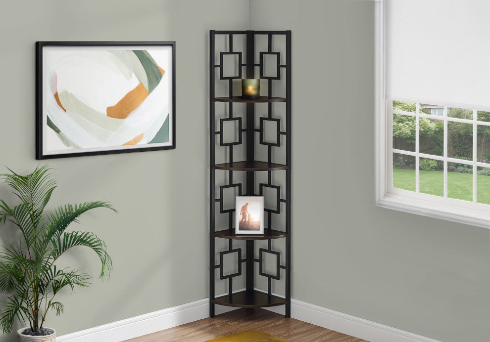 Bookshelf Etagere Corner 4 Tier 62"H Office Bedroom Metal Laminate Brown Black