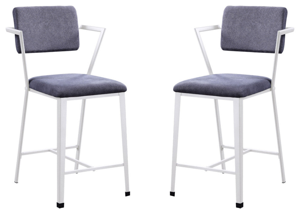 Set of 2 Gray Fabric Counter Height Chair, White Finish