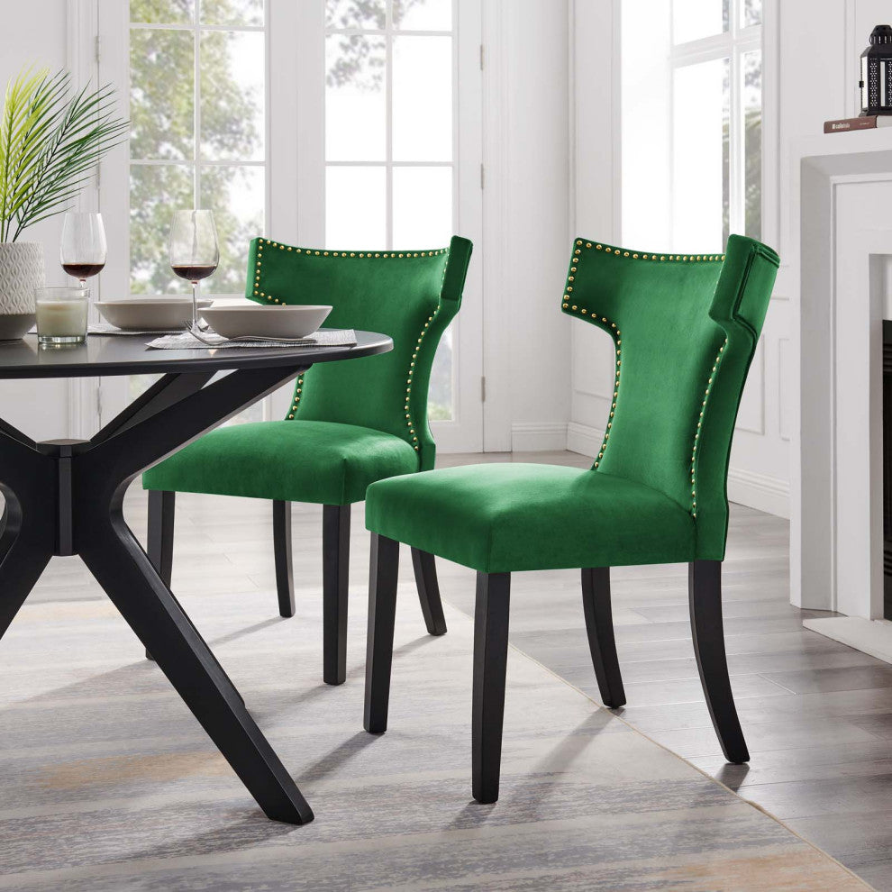 Curve Performance Velvet Dining Chairs, Set of 2, Emerald