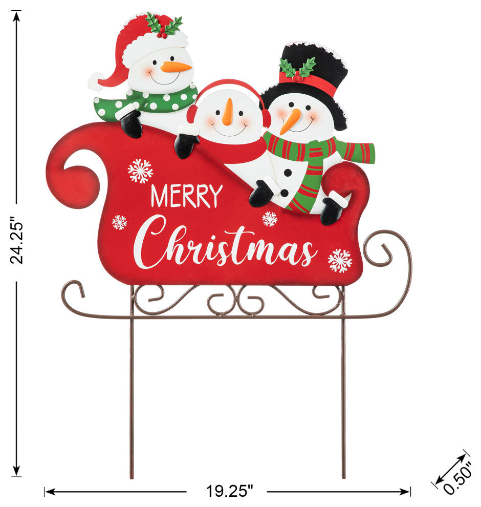 24"H Metal Snowmen Riding Sleigh Yard Stake
