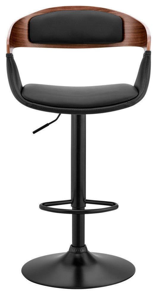 Benson Adjustable Faux Leather and Wood Bar Stool With Metal Base, Black and Wal