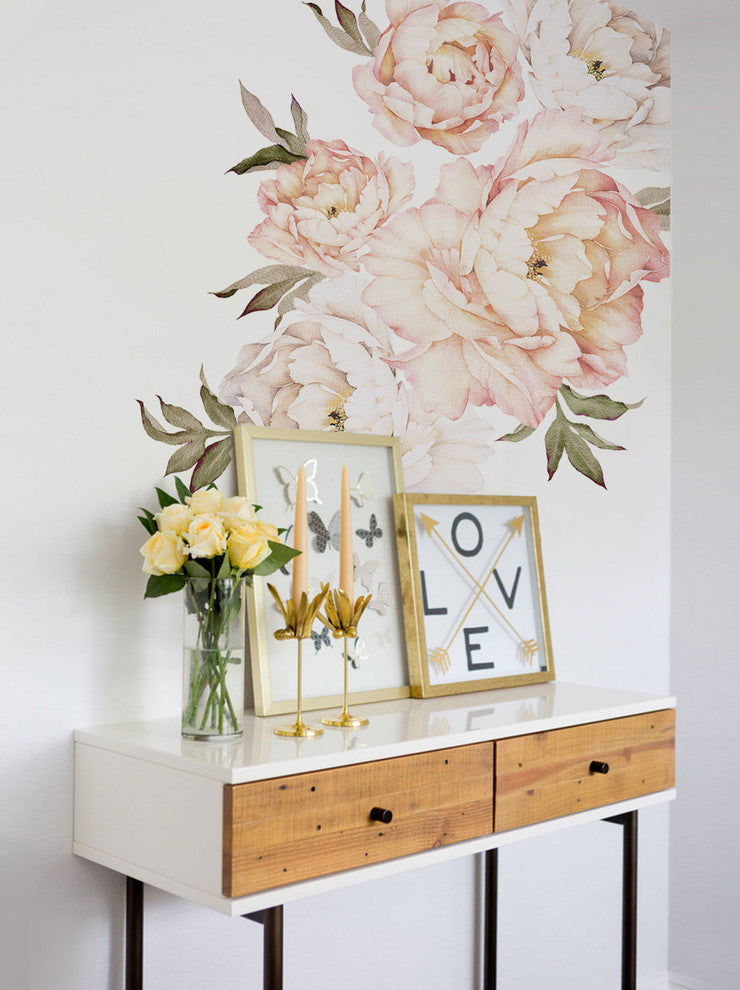 Peony Flowers Vinyl Wall Sticker, Vintage Peach