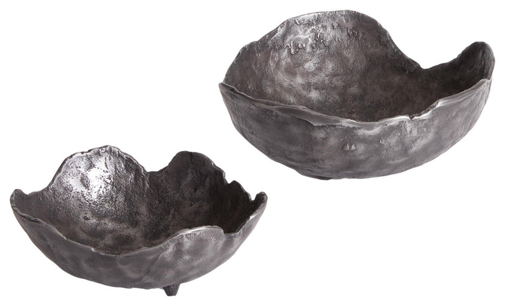 Set of 2 Free Form Dark Gray Decorative Bowls Organic Shape Modern Metal Round