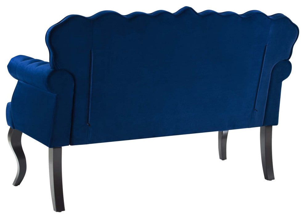 Modern Designer Lounge Loveseat Settee Sofa, Velvet Fabric, Navy Blue