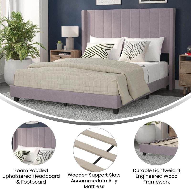 Bianca Upholstered Platform Bed w/Vertical Stitched Wingback Headboard, Gray Velvet, Queen